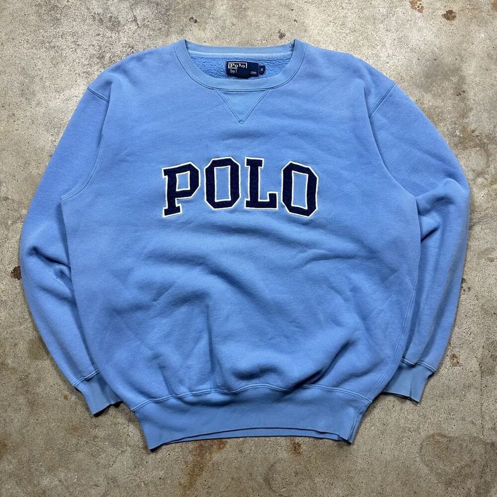 VTG 90s Light Blue Polo Ralph Lauren Big Spell out Logo Crewneck Size M